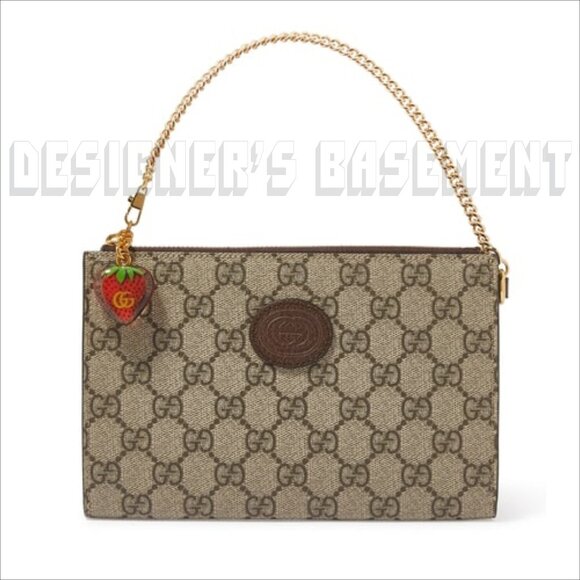GUCCI beige GG Supreme Canvas & Leather Strawberry CHARM chain Wristlet pouch 🎁 - Picture 3 of 10